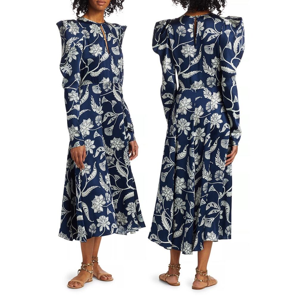 Johanna Ortiz Wild Blue Botanical Silk Charmeuse Midi Dress Women’s Size 10